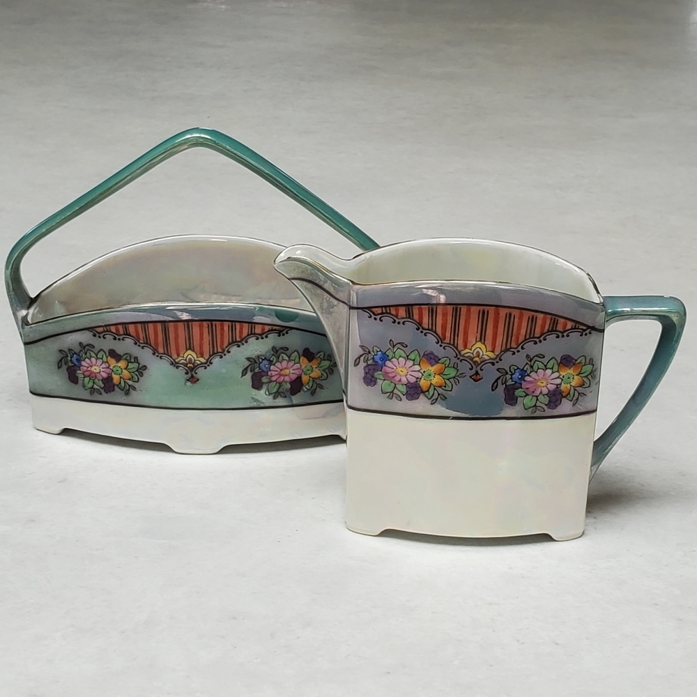 Noritake Hand Painted Creamer & Sugar Basket Luster Ware Vintage Collectible
